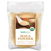 Healthworks Maca Powder bag open shows premium origin and versatile kitchen use.
