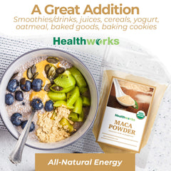 Healthworks Maca Powder scoop—measured serving for quick add-ins.
