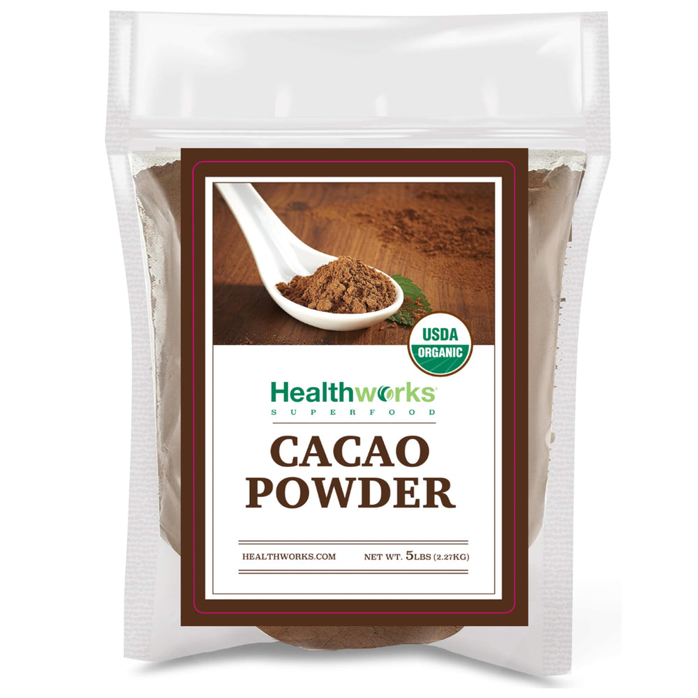 Healthworks Organic Cacao Powder bulk jar shown for easy pantry use and storage