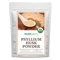 Healthworks Psyllium Husk Powder with scoop shows fiber rich powder for smoothies