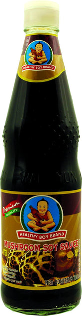 Healthy Boy mushroom soy sauce bottle showcasing 23.5 oz size for rich flavor