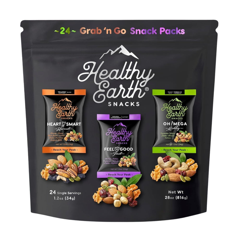 Healthy Earth Heart Smart Harvest bag featuring gluten-free vegan mix for on-the-go energy.