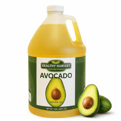 Healthy Harvest Avocado Oil bottle on the counter, ideal for high-heat cooking.
