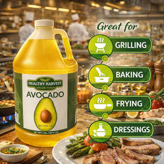 Healthy Harvest Avocado Oil pour spout, smooth flow for dressings and sauteing.