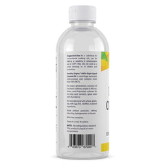 Healthy Origins Coconut Oil Liquid label close-up showing quality and ingredients.