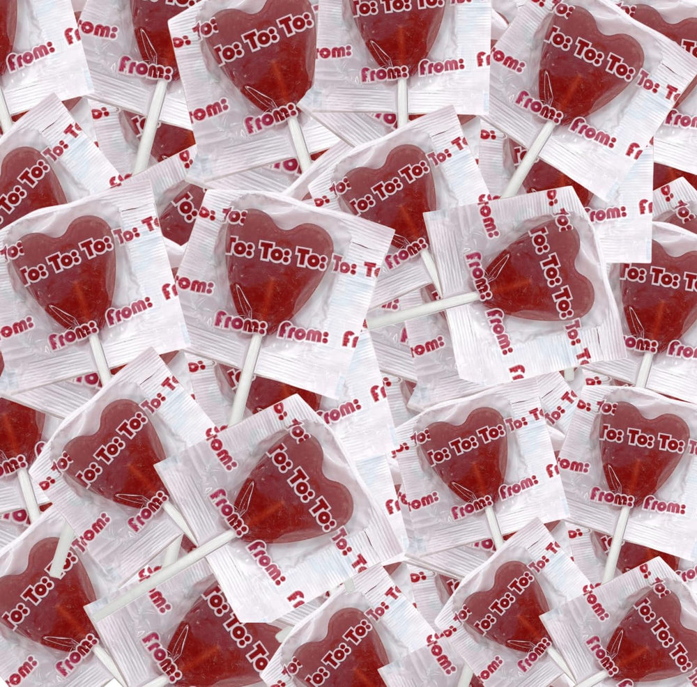 Heart-shaped cherry lollipop, individually wrapped, ideal for Valentine gifting and sharing.