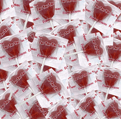 Heart-shaped cherry lollipop, individually wrapped, ideal for Valentine gifting and sharing.