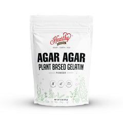 HEARTHY FOODS Agar Agar powder packaging shows premium red algae origin for reliable gelling.
