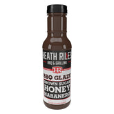 Heathy Riles BBQ glaze bottle showcasing rich sweet-heat glaze for ribs