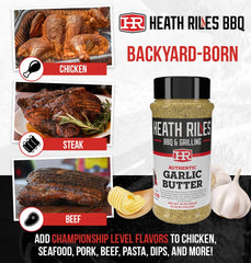Heath Riles BBQ Garlic Butter Rub grill scene showcases versatile seasoning