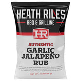 Heath Riles Garlic Jalapeño Rub jar close-up highlighting pure ingredients for bold flavor