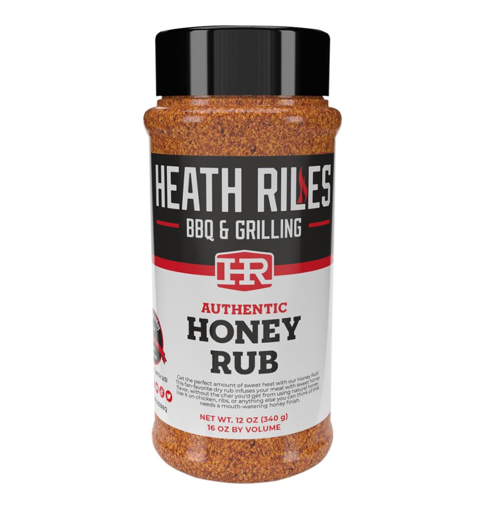 Hea th Riles Honey Rub bottle with golden glaze enhances grilled meat flavor