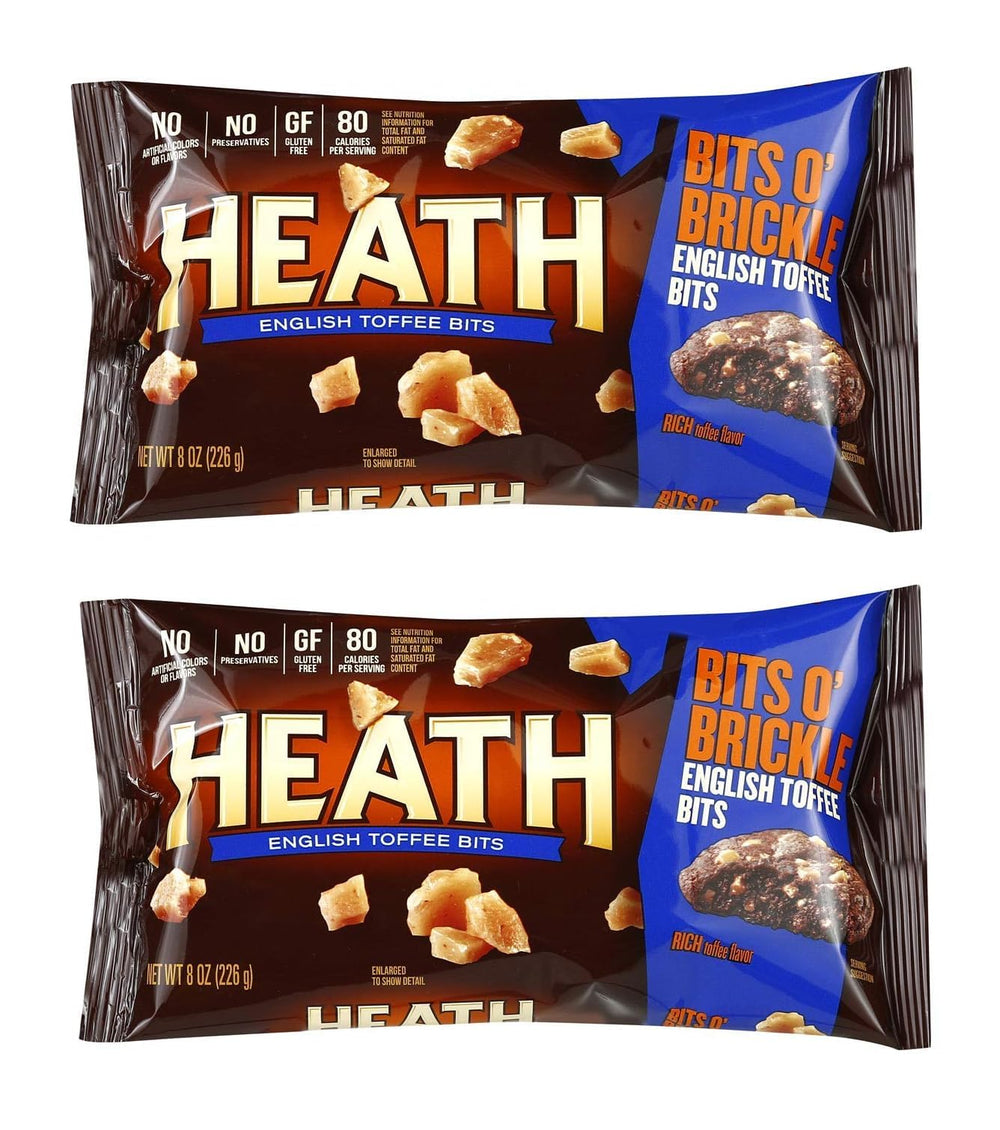Heath English Toffee Bits bag closeup highlighting crunchy texture and premium ingredients.