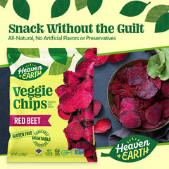 HEAVEN & EARTH Beet Chips label shows non-GMO and natural ingredients.