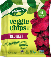 HEAVEN & EARTH Beet Chips pack close-up, crisp beet slices for a gluten-free snack.