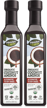 HEAVEN & EARTH Coconut Aminos bottle on shelf, ideal soy-free substitute for sauces.