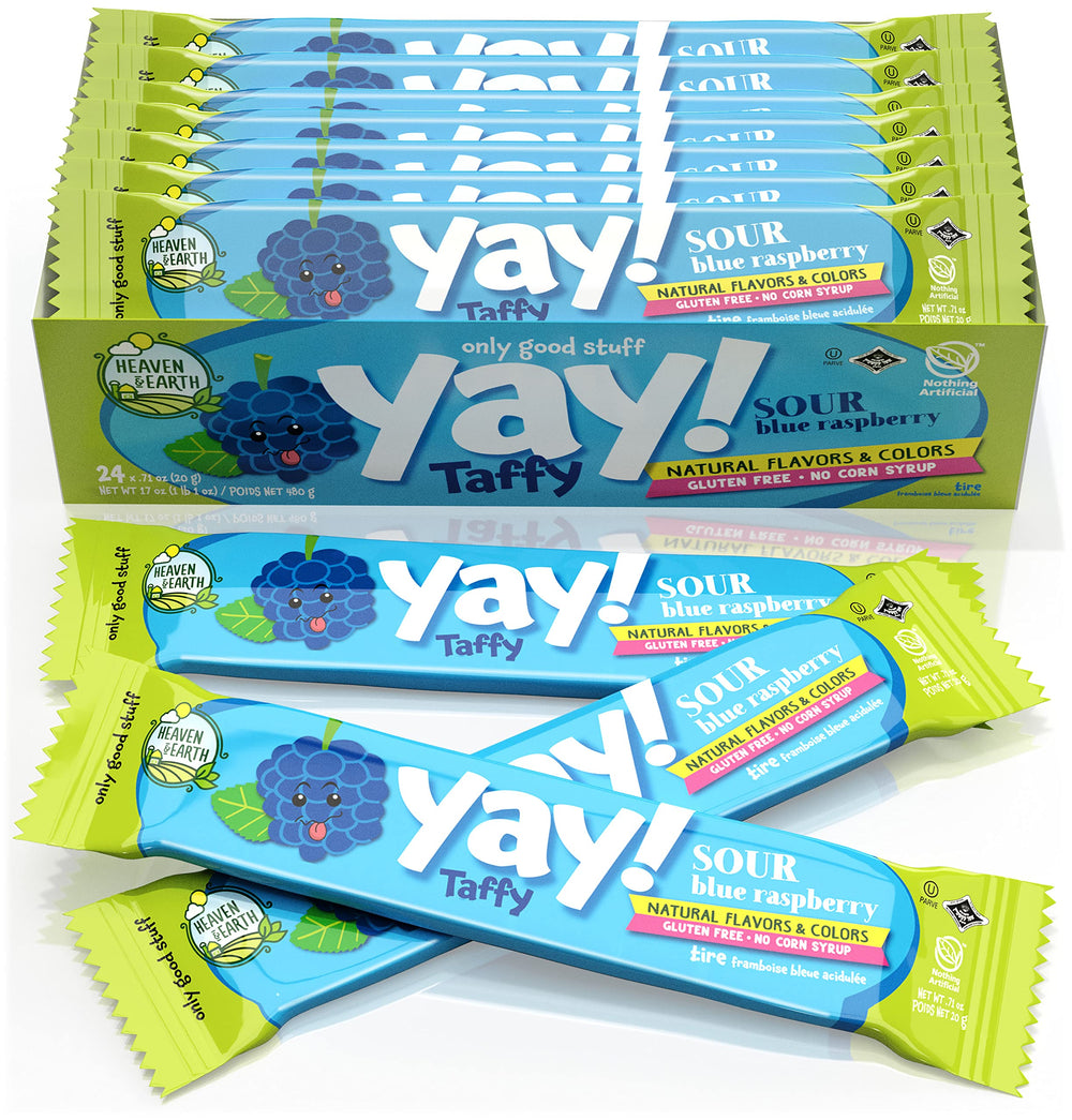 Heaven and Earth Sour Blue Raspberry Yay Taffy 24-pack closeup showing chewy texture and vibrant color