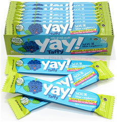Heaven and Earth Sour Blue Raspberry Yay Taffy 24-pack closeup showing chewy texture and vibrant color