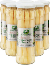 Heavens & Earth white asparagus spears in six-pack, elevated view, ready-to-eat healthy snack.