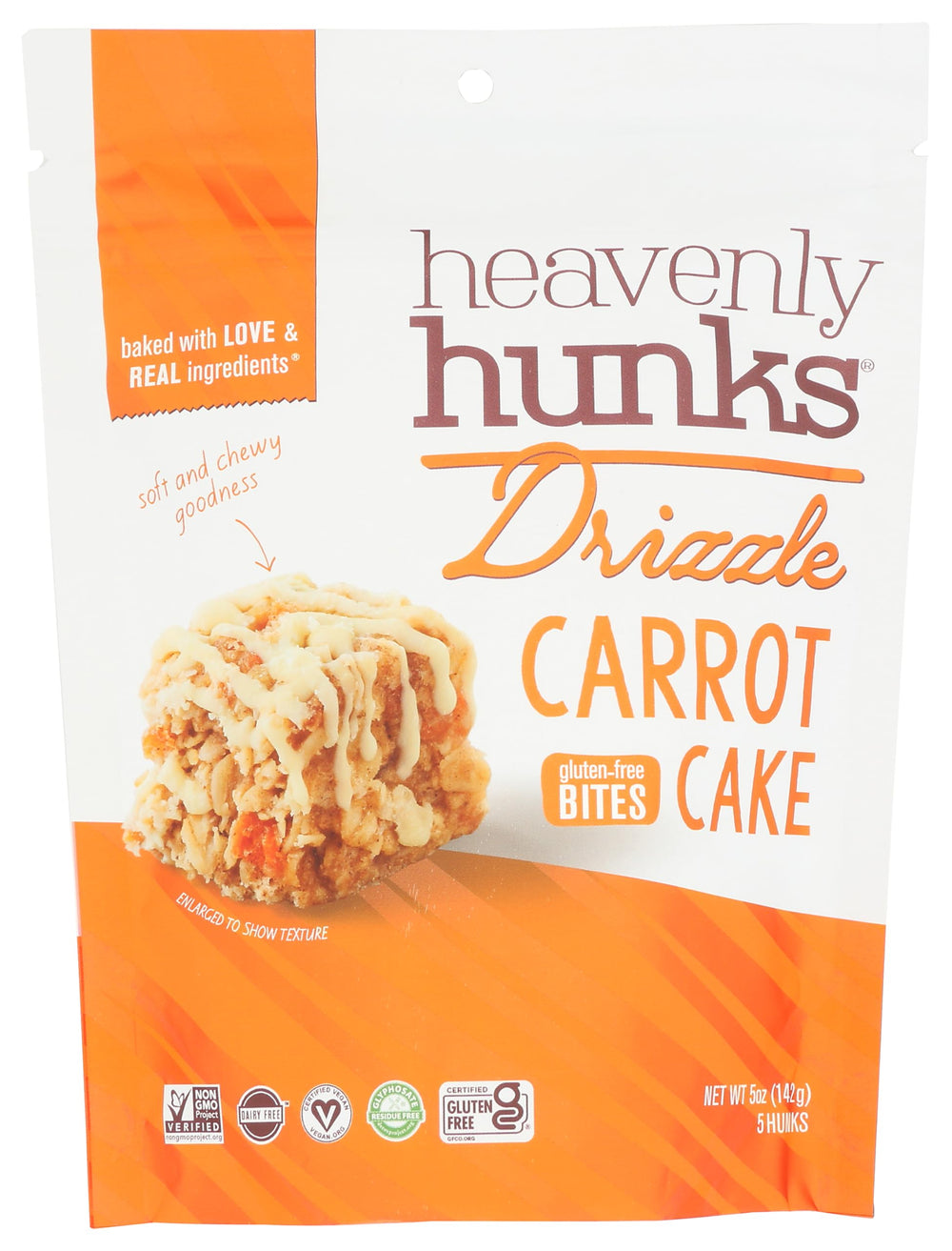 Heavenly Hunks Carrot Cake Drizzle bag front, gluten-free vegan snack for on-the-go