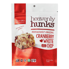 Heavenly Hunks Cranberry White Chip bag front view, gluten-free vegan snack option.
