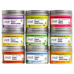 Nine organic herbal tea tins offering variety and caffeine-free options.
