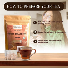 Closeup of cinnamon in Heawans tea bags highlights natural spice.