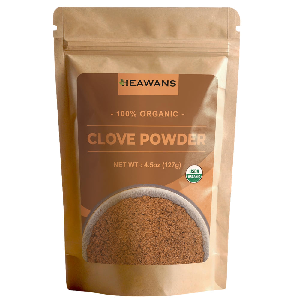 Heawans organic clove ground front pouch, premium packaging ready to flavor dishes.