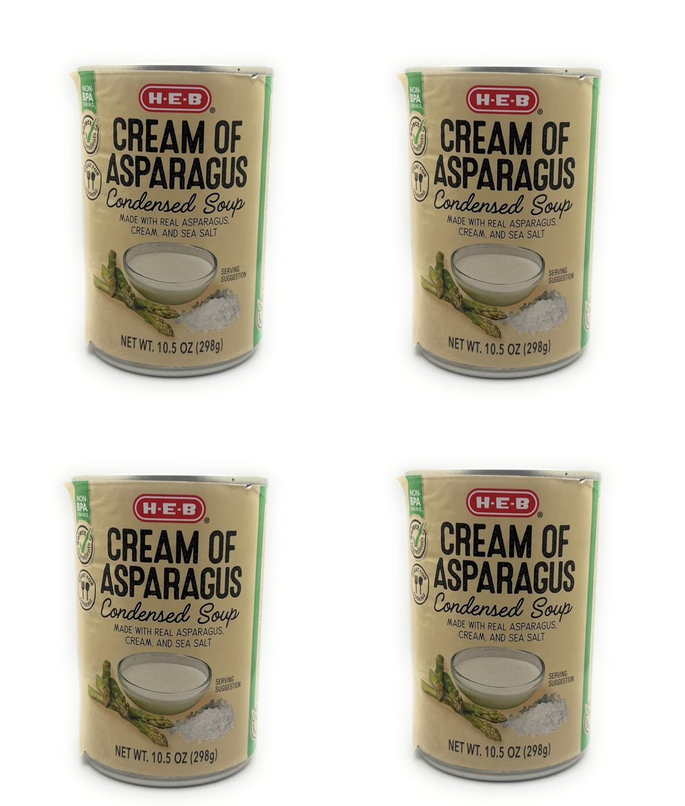 HEB Cream of Asparagus Condensed Soup four-pack cans for quick meals