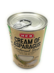 HEB Cream of Asparagus Condensed Soup serving idea with garnishes for easy weeknight dinners