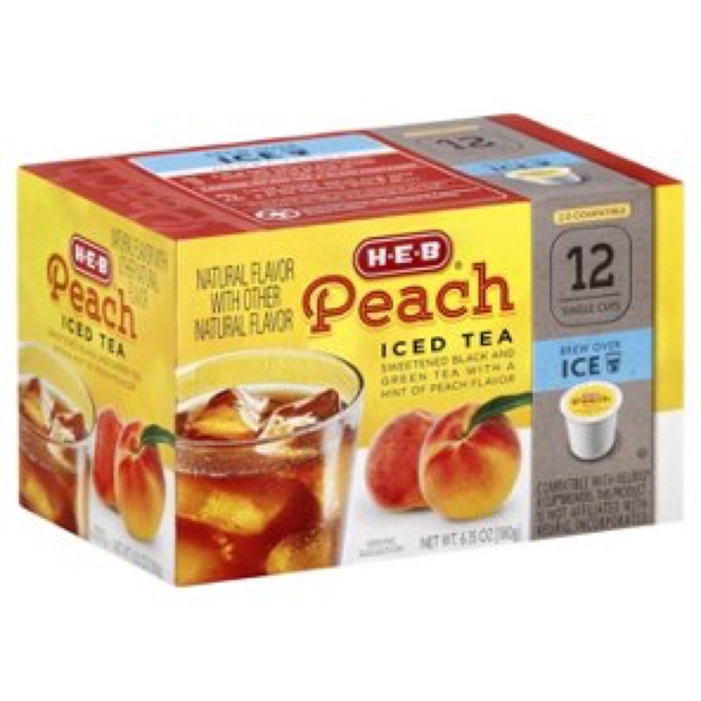 HEB Peach Iced Tea cups packaging offers convenient ready-to-use servings.