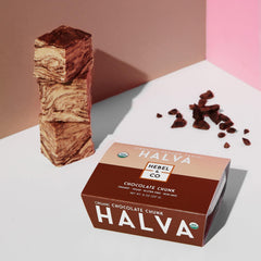 HEBEL & CO halva dark chocolate chunks closeup, rich chocolate flavor.