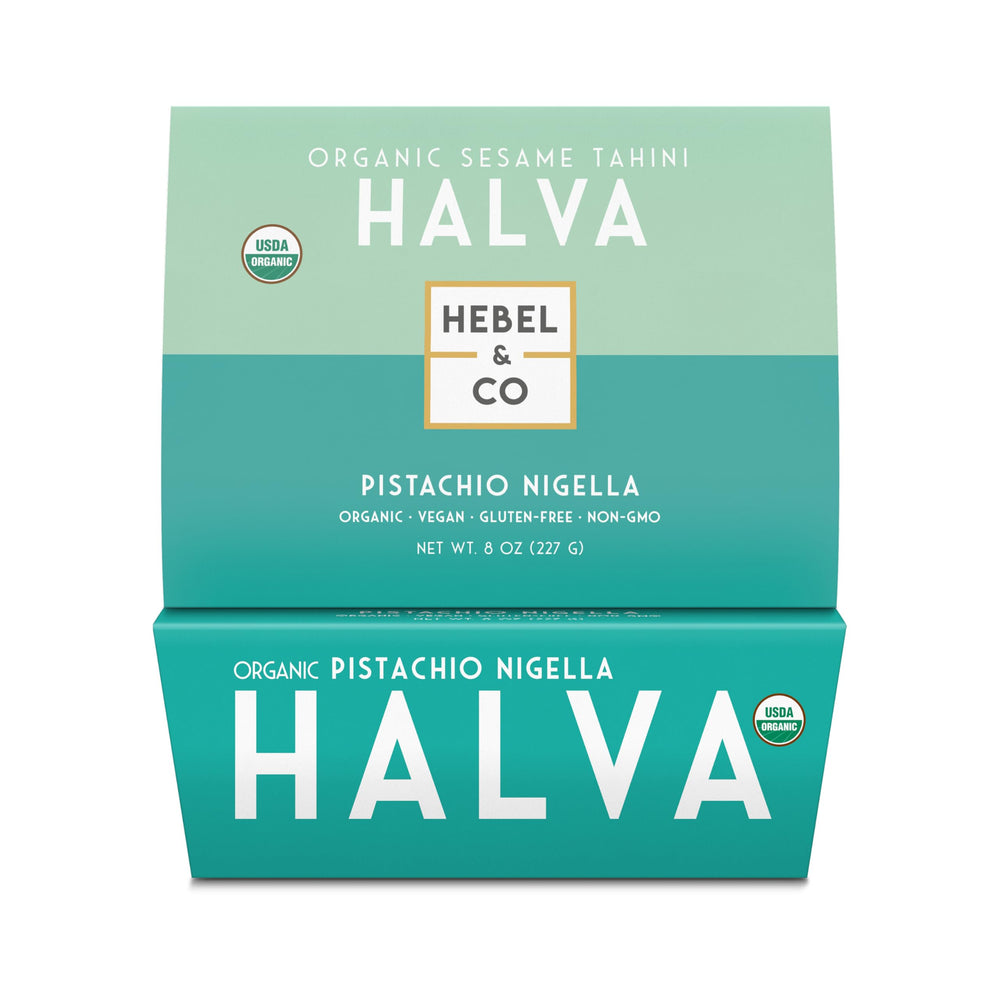 HEBEL & CO Pistachio Nigella Halva packaging highlights premium organic ingredients