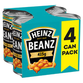 Heinz Baked Beans 415g four-pack front view for easy pantry stocking