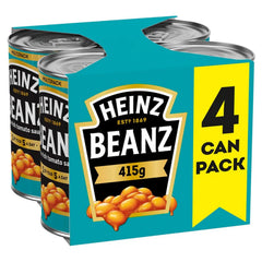 Heinz Baked Beans 415g four-pack front view for easy pantry stocking