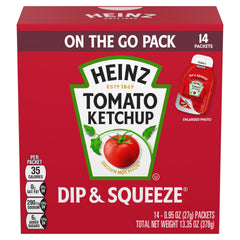 HEINZ Dip & Squeeze ketchup packet ready for topping on-the-go.