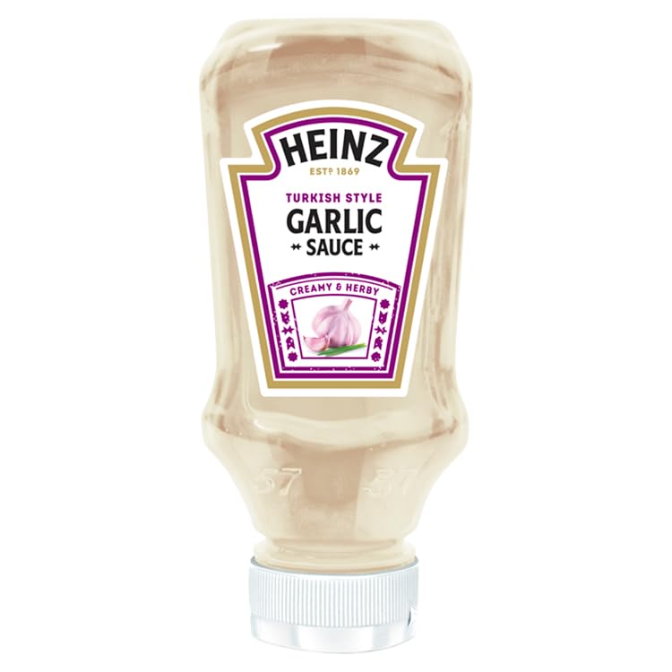 HEINZ Garlic Sauce bottle front view, ideal dip for crispy fries.