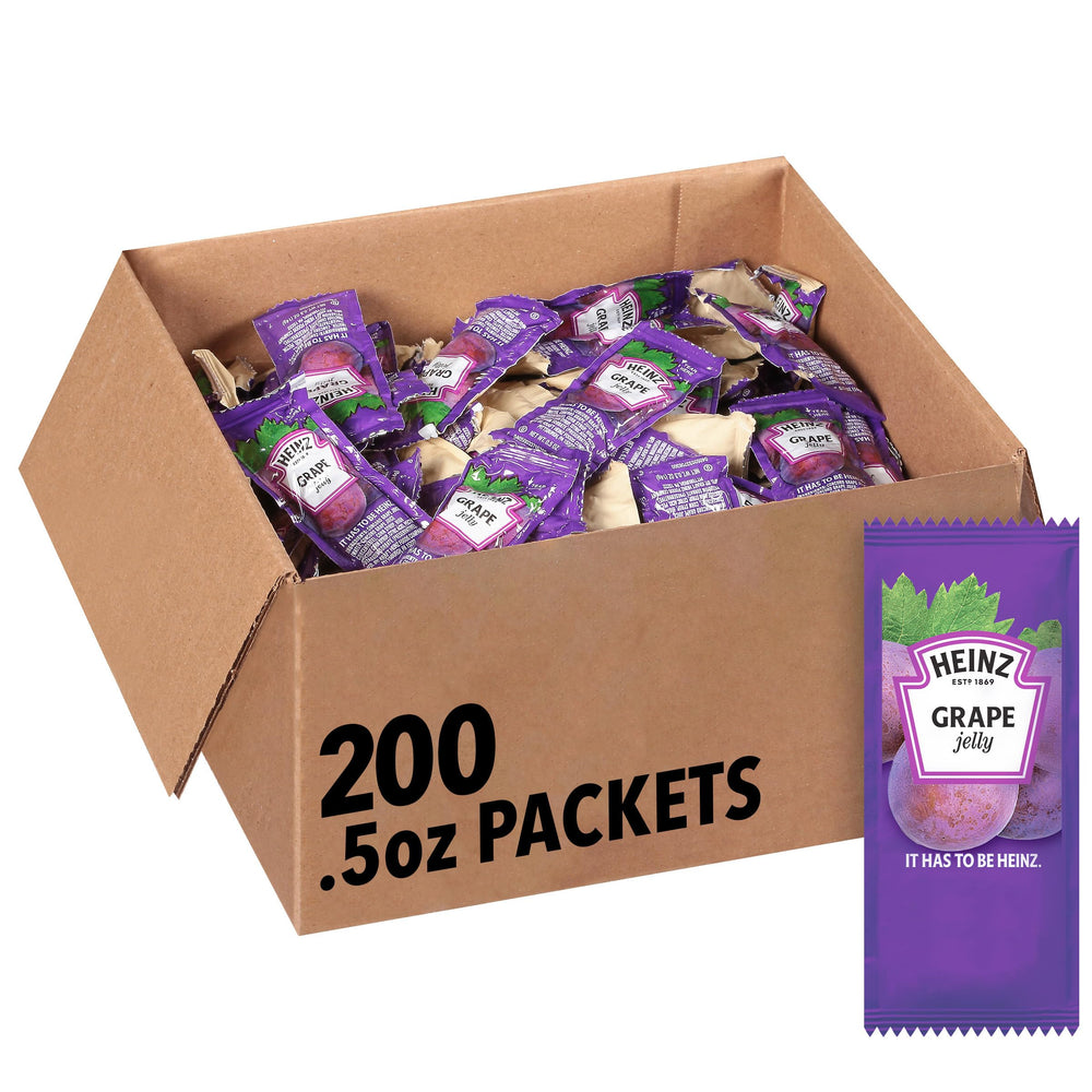 Heinz Grape Jelly packets front view, ideal for quick breakfast service.