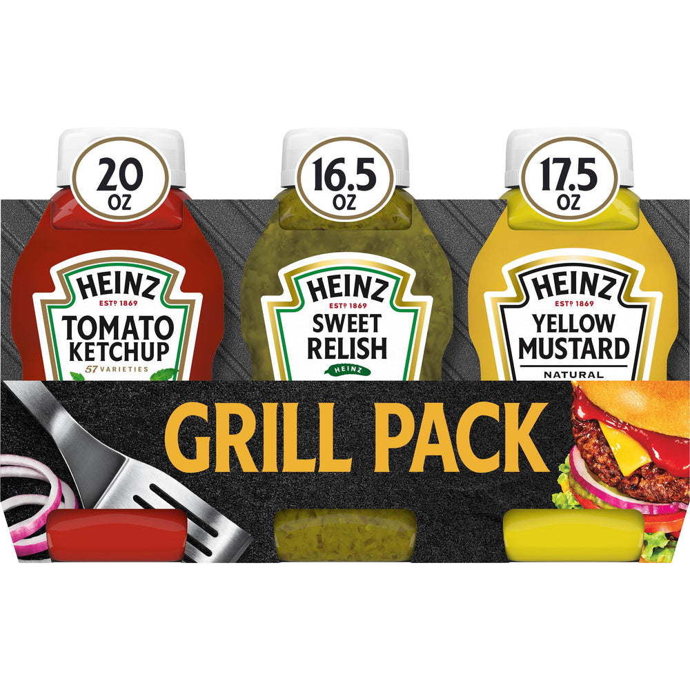 Heinz Grill Pack ketchup bottle closeup, ideal for burgers and hot dogs.