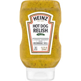Heinz Hot Dog Relish bottle front view, ready to top hot dogs with crunchy cucumber bits.