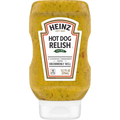 Heinz Hot Dog Relish bottle front view, ready to top hot dogs with crunchy cucumber bits.