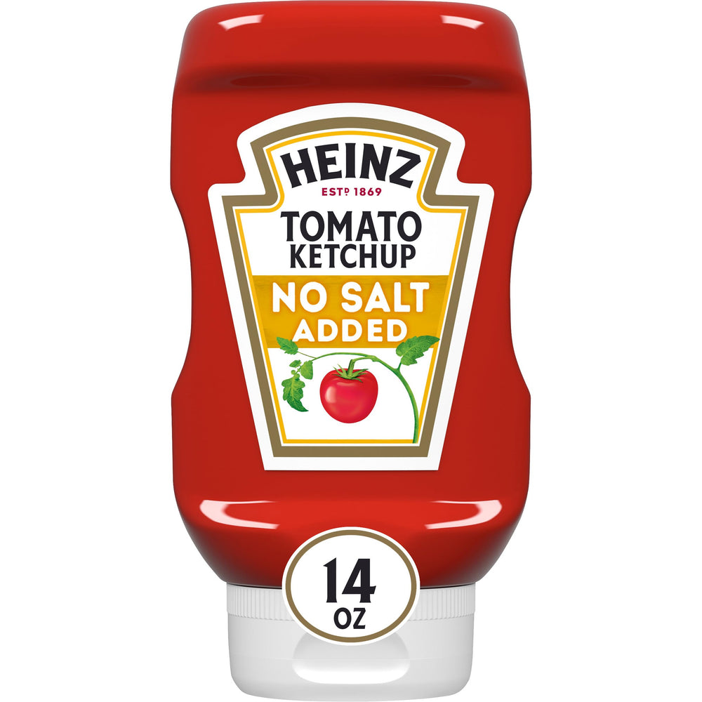 Heinz No Salt Added ketchup bottle front view with easy-squeeze top.