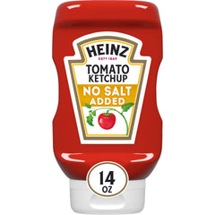 Heinz No Salt Added ketchup bottle front view with easy-squeeze top.