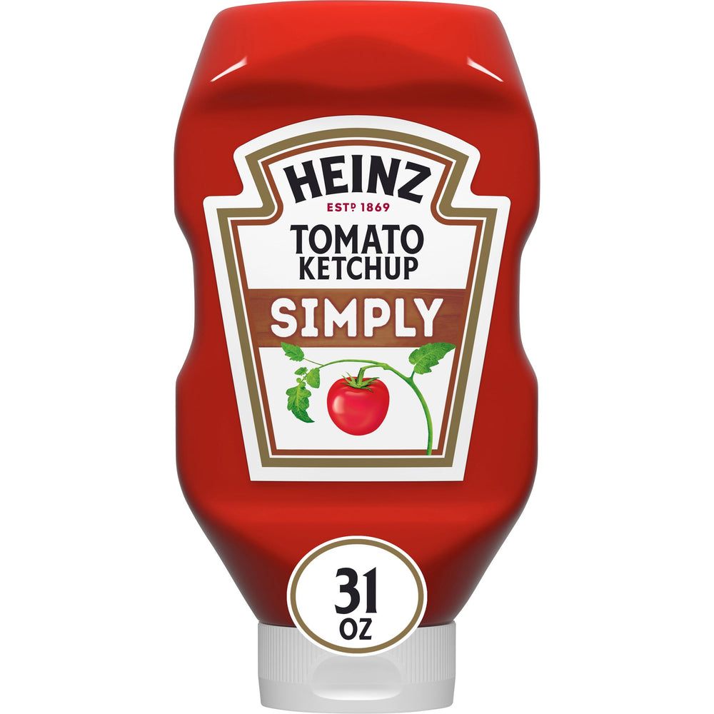 Heinz Simply Tomato Ketchup bottle pouring on burgers and fries for a classic flavor