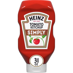 Heinz Simply Tomato Ketchup bottle pouring on burgers and fries for a classic flavor