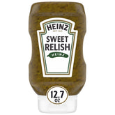 Heinz Sweet Relish bottle cap close-up, ideal topping for hot dogs and burgers.