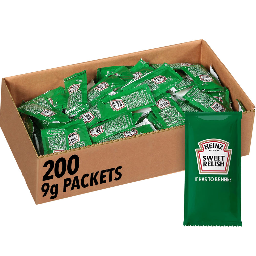 Heinz Sweet Relish single-serve 9 g packet beside burgers for easy topping.