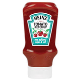 HEINZ Tomato Ketchup No Added Sugar and Salt bottle on table, balanced flavor.