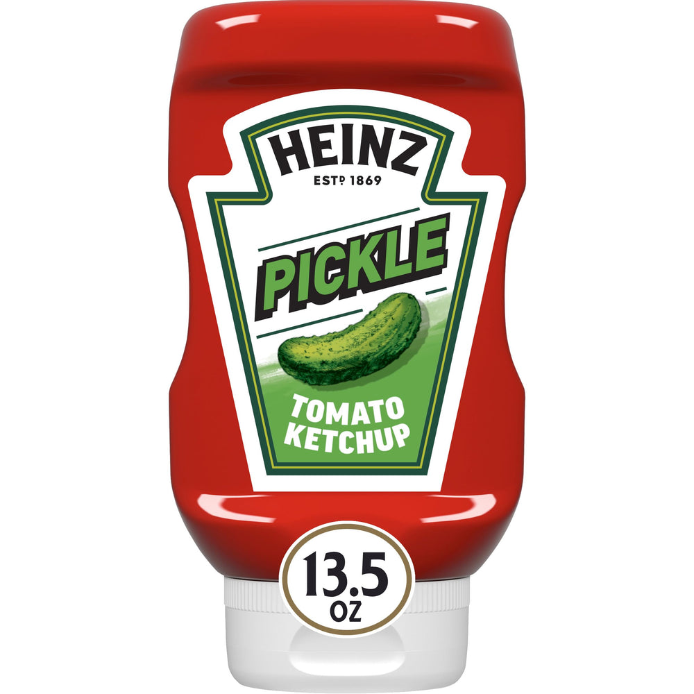 Heinz Tomato Ketchup with Pickle Seasoning bottle on kitchen counter highlights bold flavor potential.