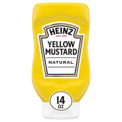 HEINZ Yellow Mustard 14oz bottle pouring for easy, mess-free use